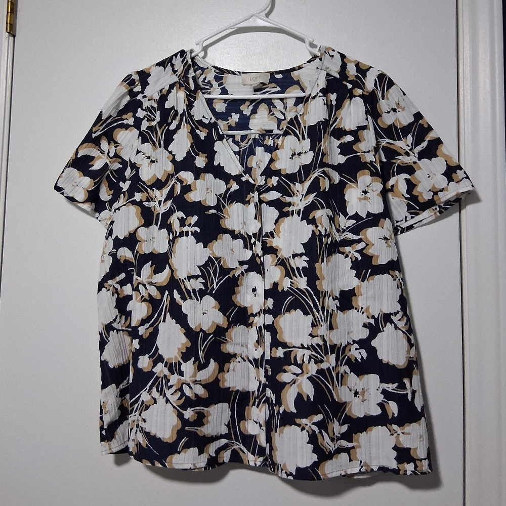 LOFT Midnight Blue Floral Button Closure Blouse Size XL